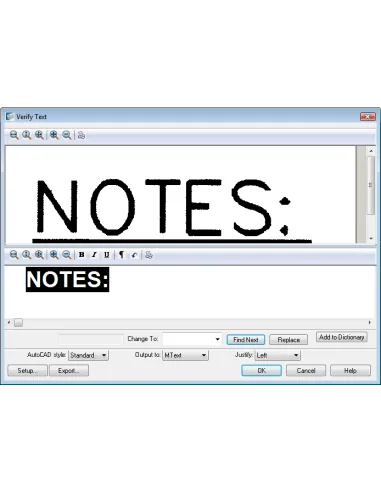 AutoCAD Raster Design 2022: cuadro Verificar texto con el reconocimiento de la palabra NOTES: de un escaneo
