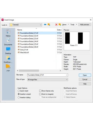 AutoCAD Raster Design: cuadro Insertar imagen con vista previa de un TIFF escaneado y opciones de inserción