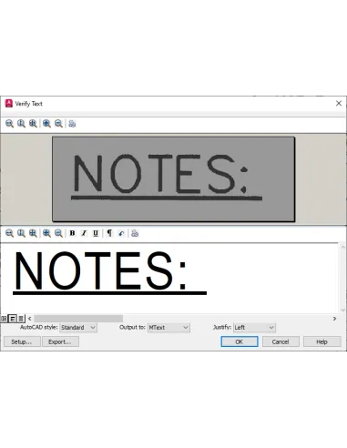AutoCAD Raster Design: cuadro Verificar texto con el reconocimiento de texto impreso NOTES: de un escaneo