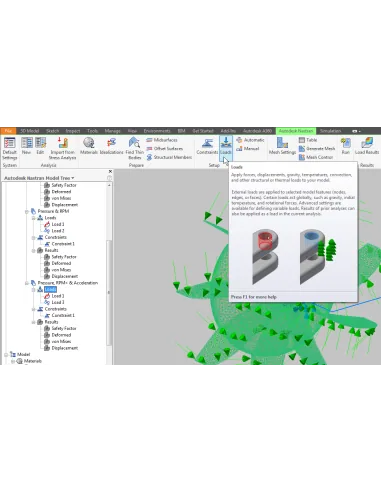 Pestaña Autodesk Nastran en Inventor con cargas, restricciones y malla, y el árbol de modelo con resultados