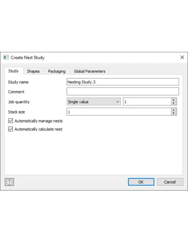 Cuadro Crear estudio de anidado de Inventor Nesting con nombre, cantidad de trabajo y gestión automática