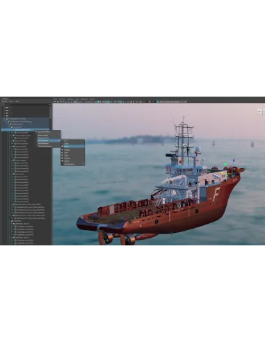 Outliner de Maya con menú contextual USD (Add New Prim) y un modelo de barco en el visor