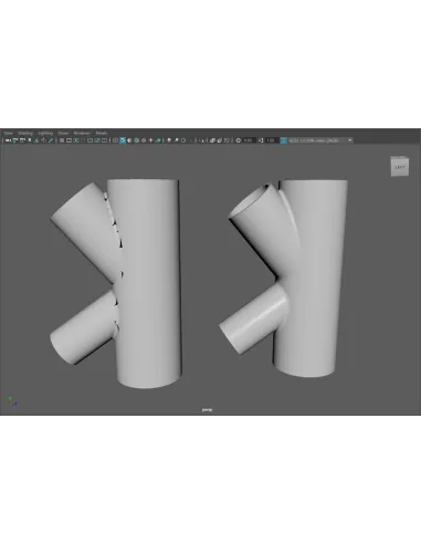 Visor de Maya con dos uniones de tubos: bisel con fallos a la izquierda y Smart Bevel limpio a la derecha