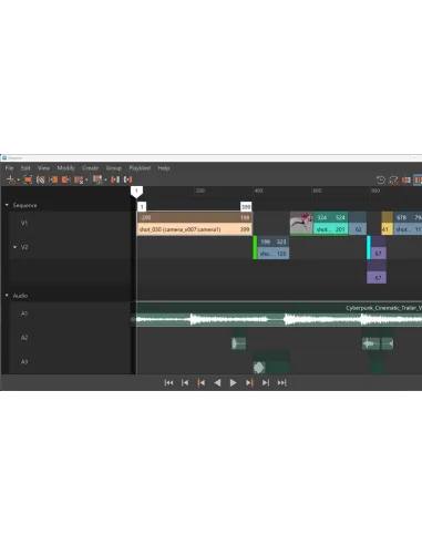 Sequencer rediseñado de Maya 2027 con pistas de vídeo V1 y V2, pistas de audio y controles de reproducción