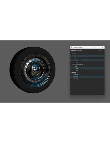 Ventana USD Variant Manager de Maya 2027 junto a una rueda con neumático y sus variantes de material
