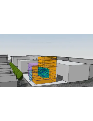 Volúmenes de anteproyecto de FormIt sobre un entorno urbano, enlazados con Revit