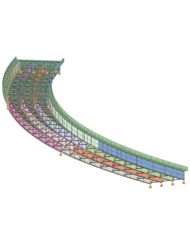 Modelo de análisis por elementos finitos de un puente curvo con apoyos, en Structural Bridge Design