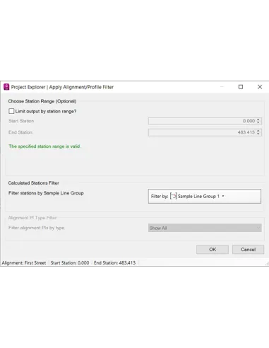 Cuadro de filtro de alineación y perfil de Project Explorer en Civil 3D 2025