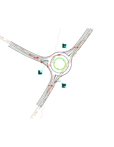 Rotonda de tres ramales diseñada con Vehicle Tracking, con trayectorias y etiquetas