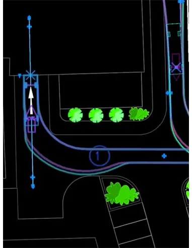 Vehicle Tracking 2024: Envolvente de giro de un vehículo sobre un plano de calles y aparcamientos