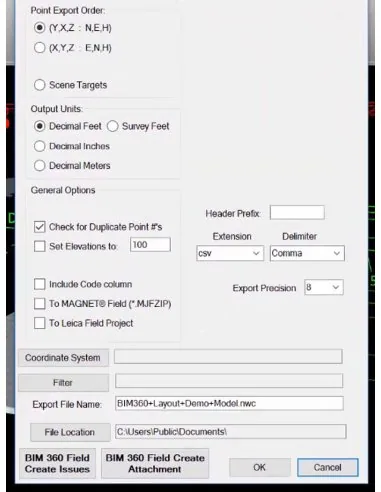 Cuadro de exportación de puntos de Point Layout con orden, unidades y formatos de estación total