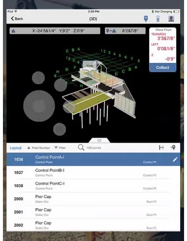 Aplicación de tableta de Point Layout con modelo 3D, puntos de replanteo y control de prisma